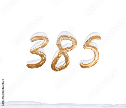Gold Number 385 with Snow on white background