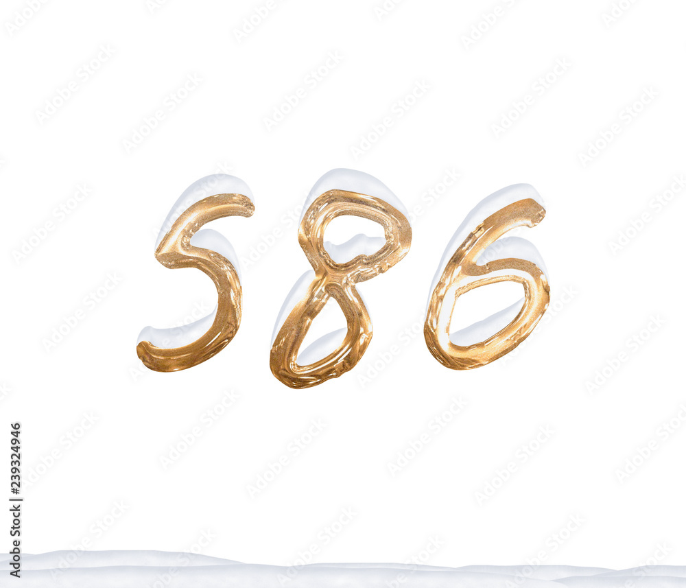 Gold Number 586 with Snow on white background Gold Number 586 with Snow on white background