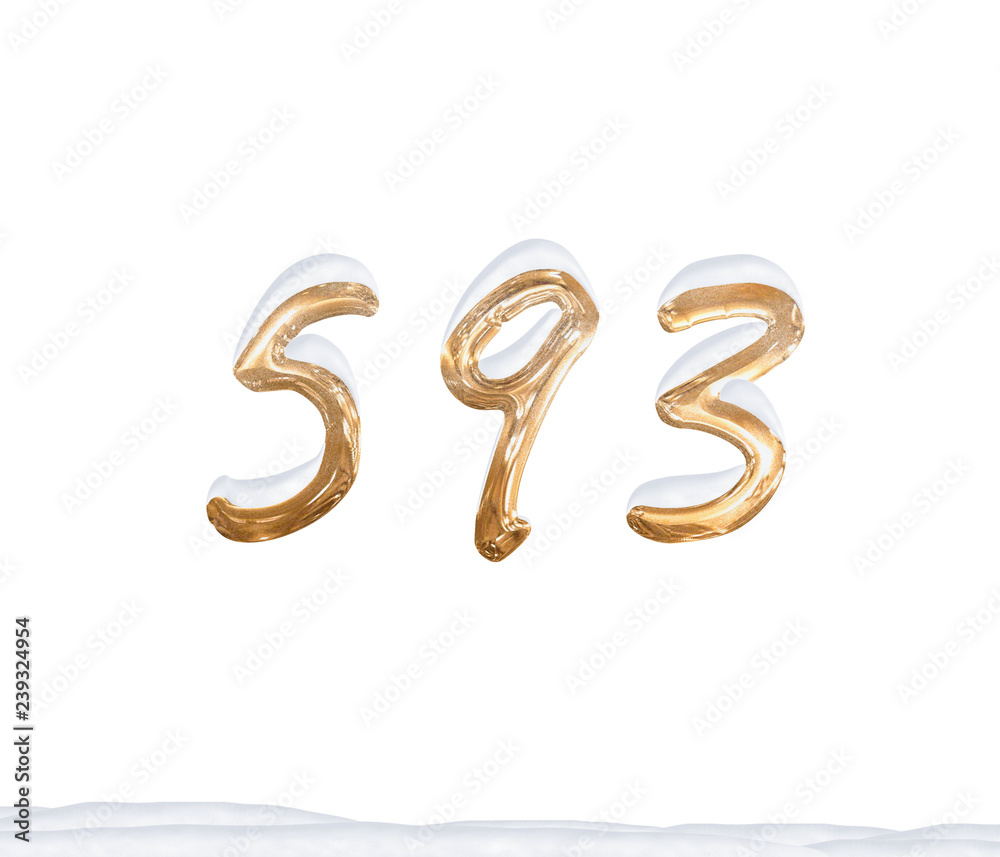 Gold Number 593 with Snow on white background