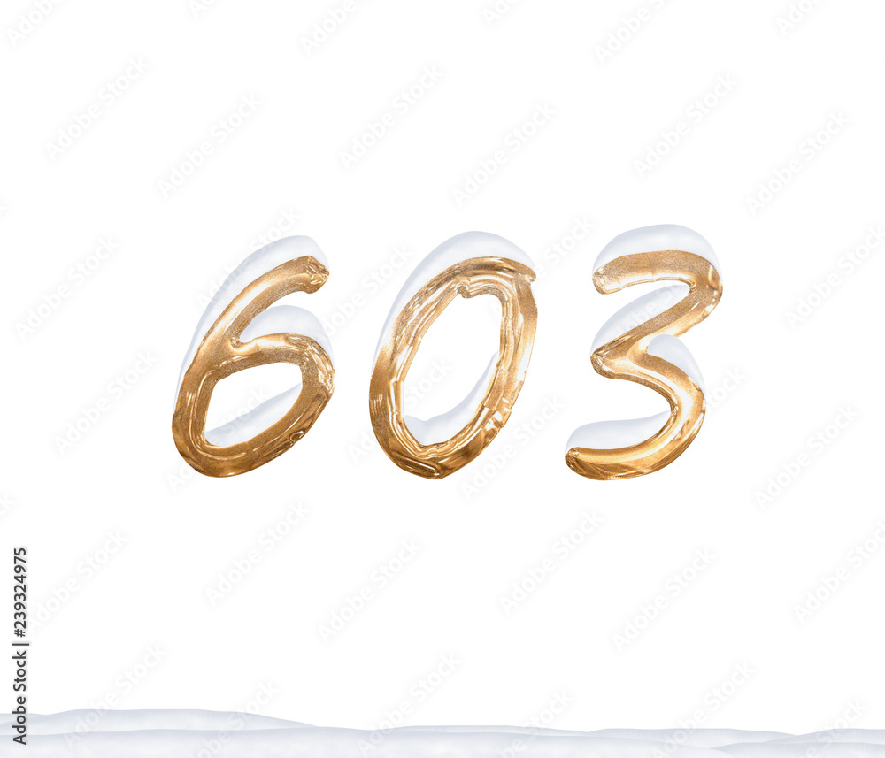 Gold Number 603 with Snow on white background Gold Number 603 with Snow on white background
