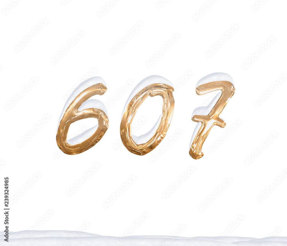 Gold Number 607 with Snow on white background