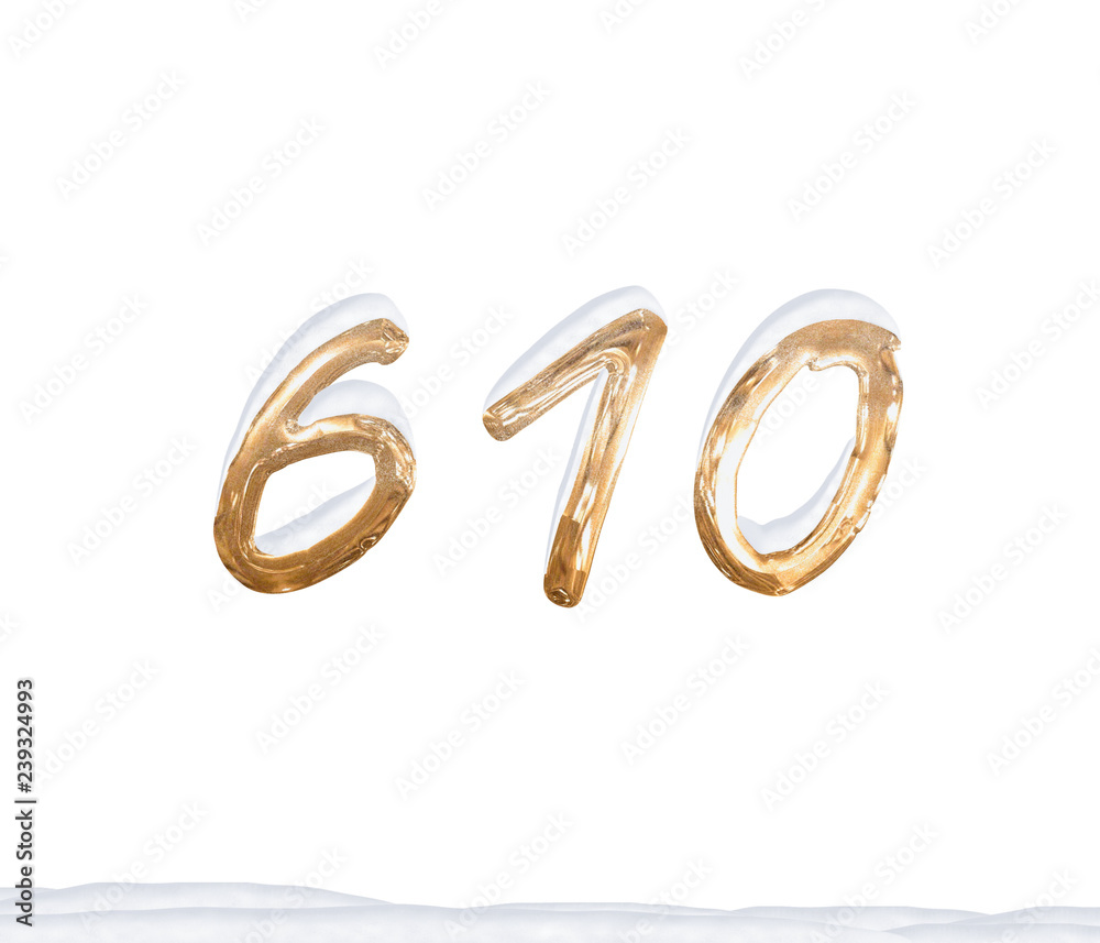 Gold Number 610 with Snow on white background Gold Number 610 with Snow on white background