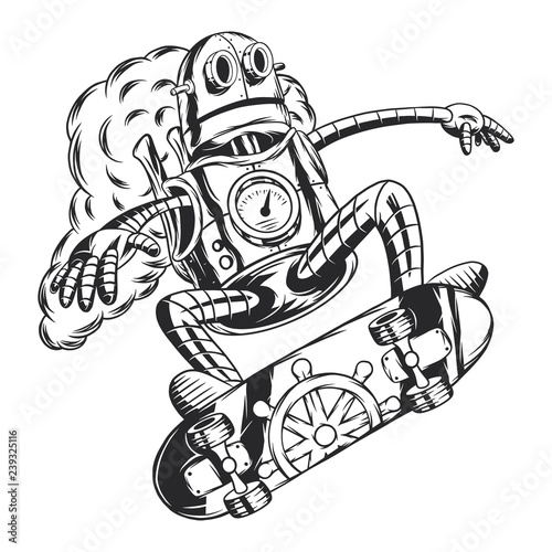 Steampunk robot riding on skateboard. Isolated on white background.