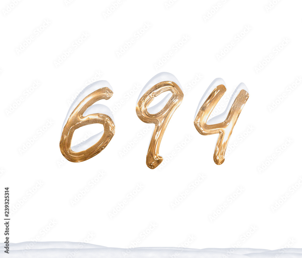 Gold Number 694 with Snow on white background Gold Number 694 with Snow on white background