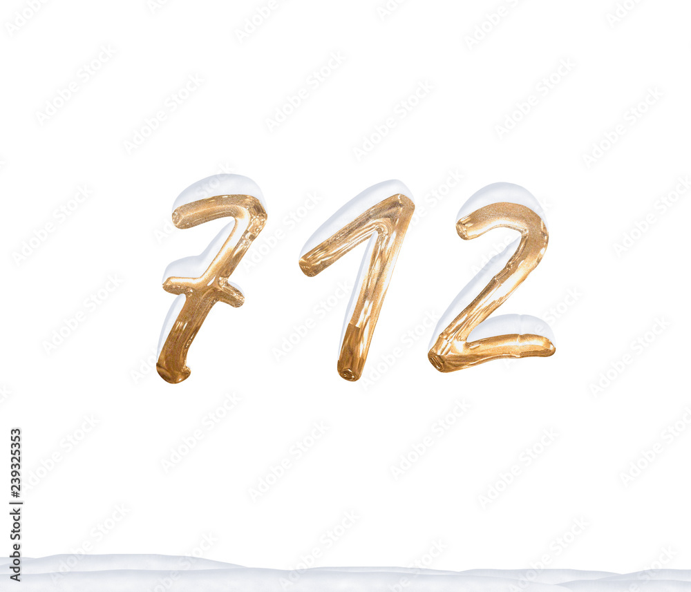 Gold Number 712 with Snow on white background Gold Number 712 with Snow on white background