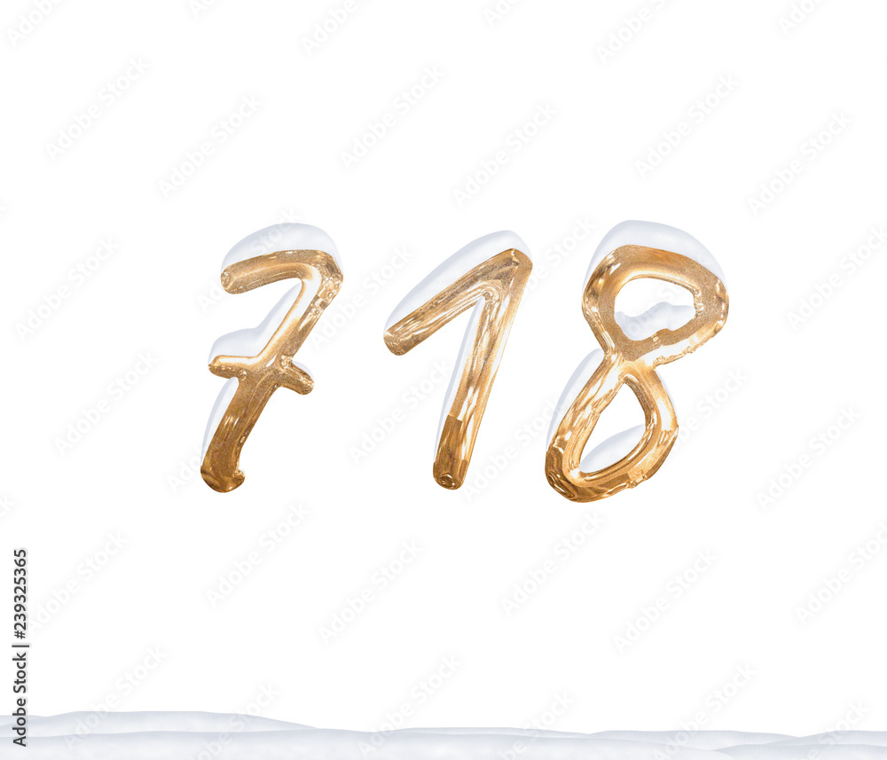 Gold Number 718 with Snow on white background Gold Number 718 with Snow on white background