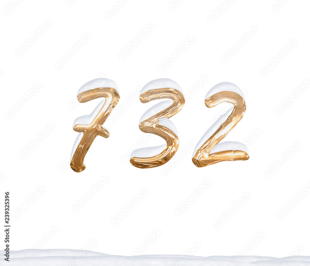 Gold Number 732 with Snow on white background Gold Number 732 with Snow on white background