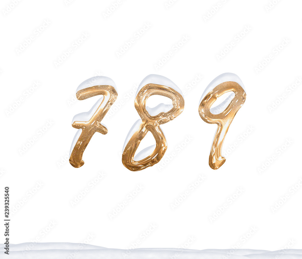 Gold Number 789 with Snow on white background Gold Number 789 with Snow on white background