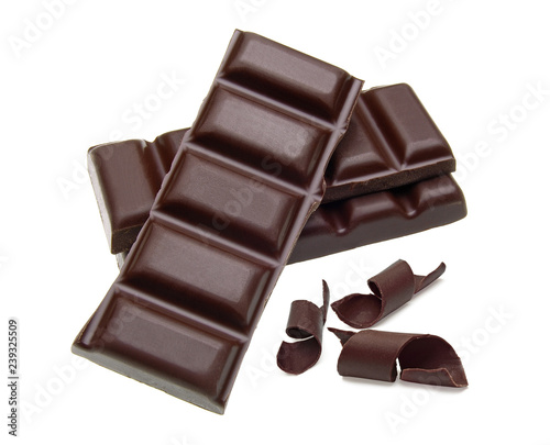 Broken or cracked dark chocolate bars, chips or pieces and curl isolated on white background	