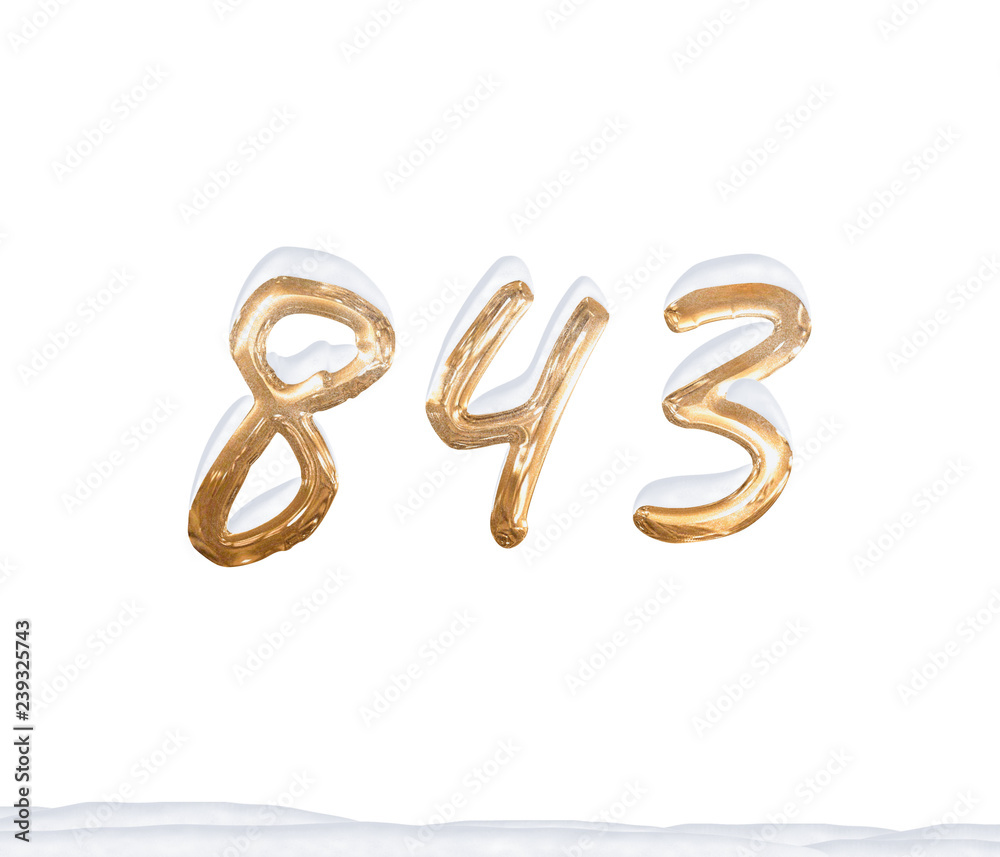 Gold Number 843 with Snow on white background Gold Number 843 with Snow on white background