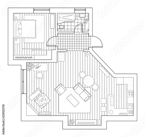 Architecture plan with furniture in top view. Coloring book
