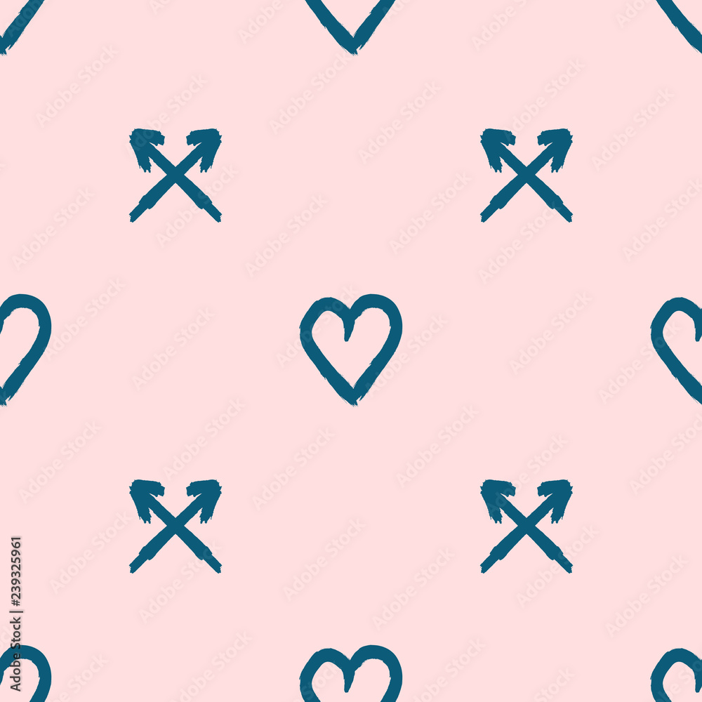 Repeating outlines of hearts and crossed arrows drawn by hand with rough brush. Cute romantic seamless pattern. Sketch, watercolor, paint, grunge, graffiti. Repeating outlines of hearts and crossed arrows drawn by hand with rough brush. Cute romantic seamless pattern. Sketch, watercolor, paint, grunge, graffiti.