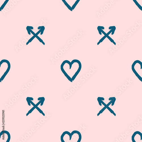Repeating outlines of hearts and crossed arrows drawn by hand with rough brush. Cute romantic seamless pattern. Sketch, watercolor, paint, grunge, graffiti.