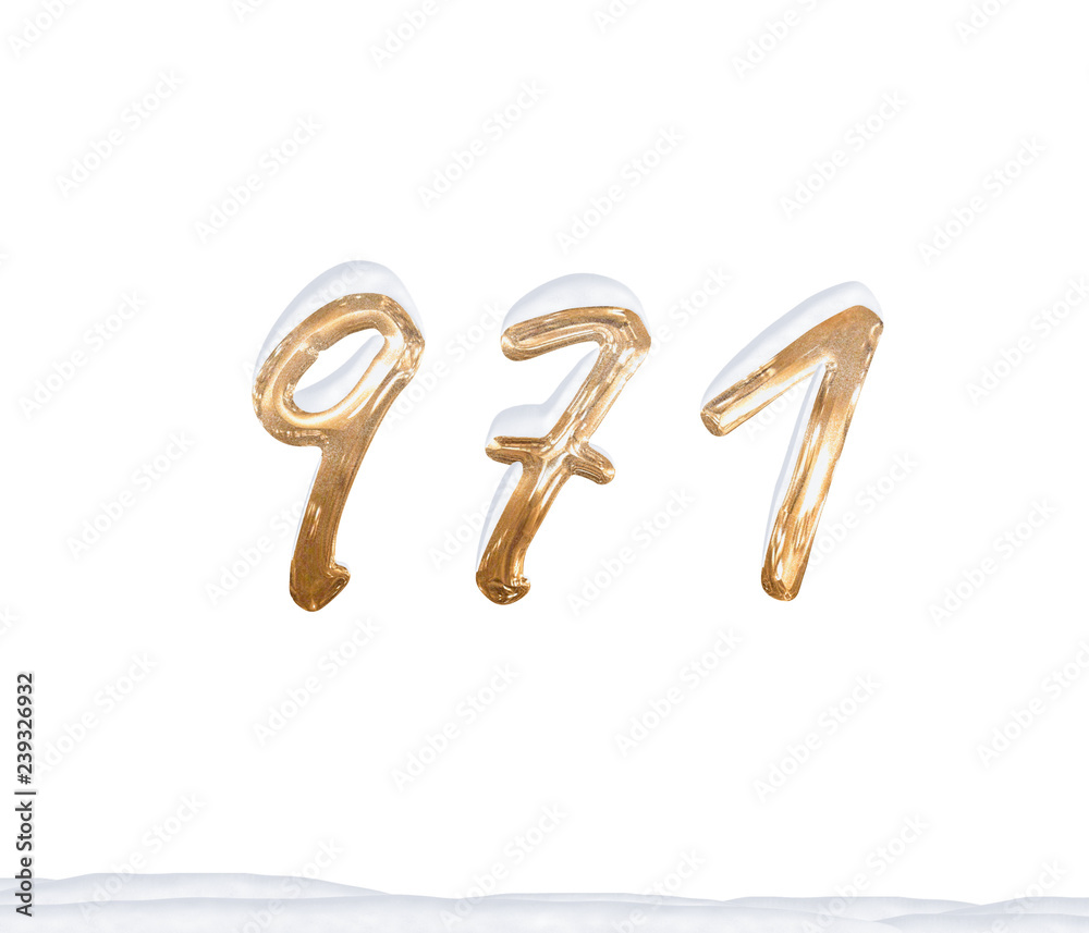 Gold Number 971 with Snow on white background Gold Number 971 with Snow on white background