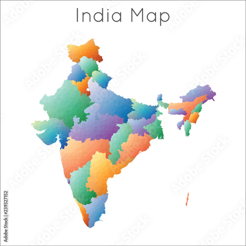 Low poly map of India with geometric, mosaic style, showing diverse regions and borders.