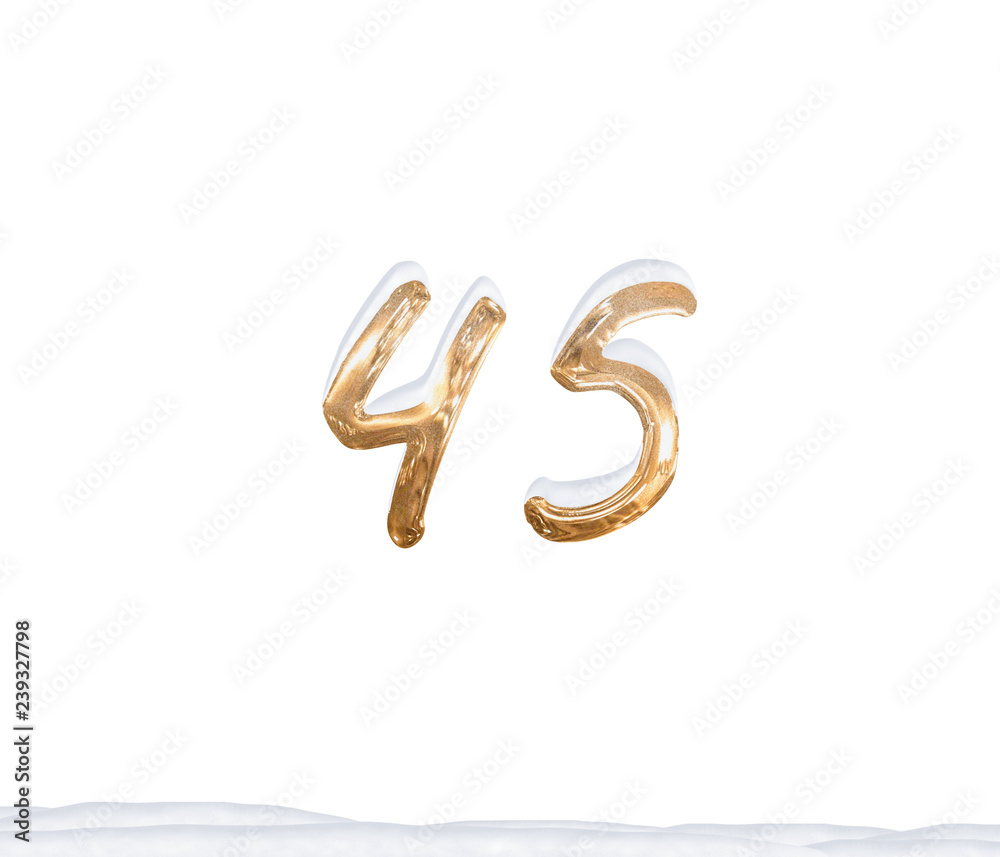 Gold Number 45 with Snow on white background