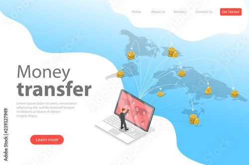 Isometric flat vector landing page template of financial transaction, money transfer, online banking, mobile wallet.