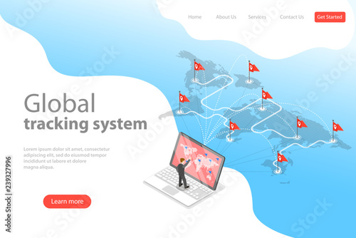 Isometric flat vector landing page template of worldwide freight shipping, global tracking system, cargo delivery, logistics network.