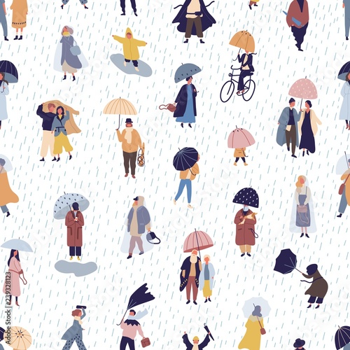 Seamless pattern with people walking under umbrella on autumn rainy day. Backdrop with men and women under rain, rainfall or shower. Colorful vector illustration in flat style for textile print.