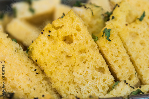 Gujarati Khaman Dhokla or Steamed Gram Flour Snack Close up - Indian Cuisine