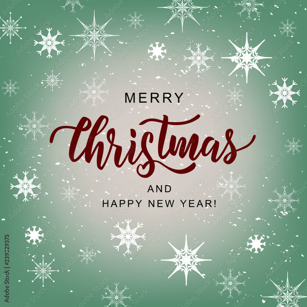 Merry Christmas hand lettering inscription for winter holidays greeting card, invitation, banner, postcard, web, poster template. Vector illustration.