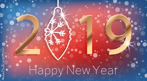 Happy New Year 2019 Poster with Golden Greeting Text and White Snowflakes. Vector Illustration.