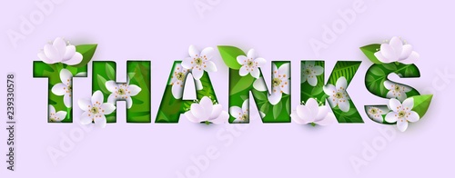 Vector thanks inscription with green leaves, meadow abstract white flowers on pink background. Store, shop summer spring sale gratitude poster template for discounts campaign floral element