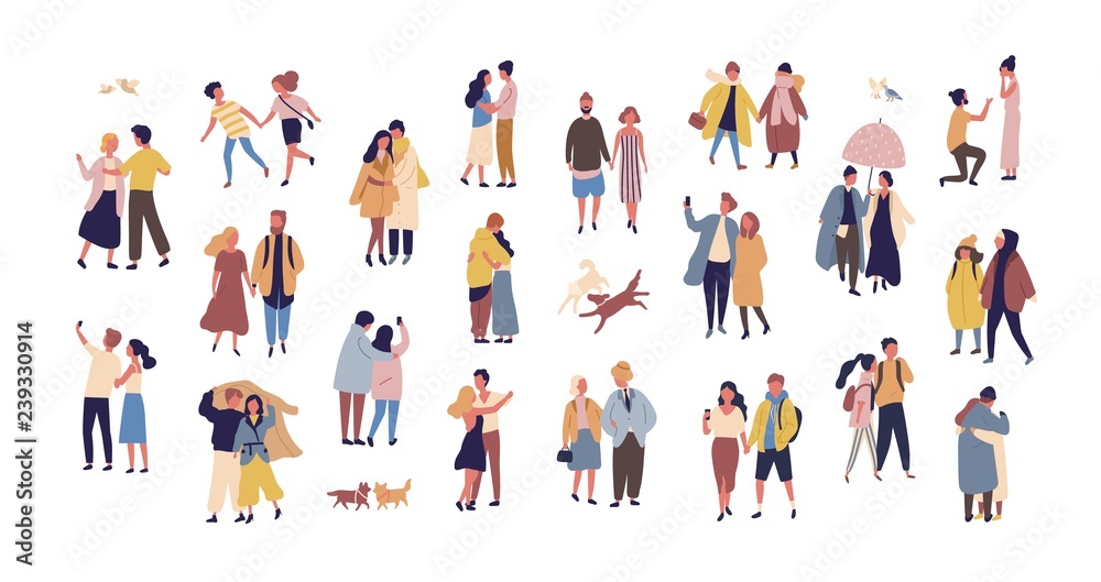 Bundle of couples dressed in seasonal clothes walking on street. Collection of men and women in love during romantic date isolated on white background. Flat cartoon colorful vector illustration.