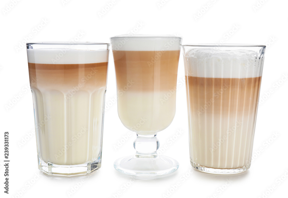Glasses of tasty aromatic latte on white background Glasses of tasty aromatic latte on white background