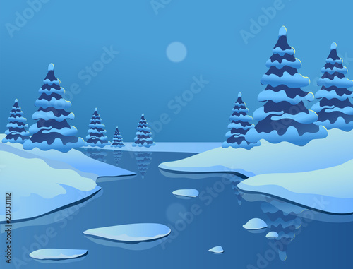 Winter. Landscape with stylized Christmas trees and snowdrifts. Vector image.