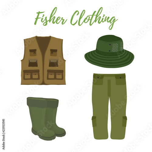 Vector cartoon clothing for fishing, hunting. Boots, waders, vest and hat