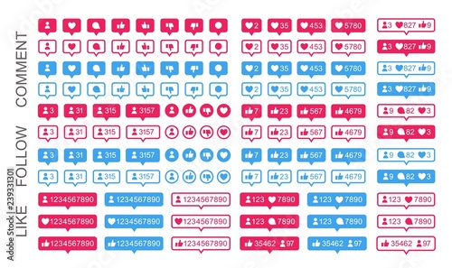 Vector illustration set of social network flat icons with likes, new followers and comments or messages counters isolated on white background. Red and blue rating symbols of notifications.