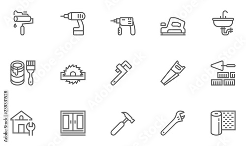 Construction, Building, Home Repair And Tools Vector Line Icons Set. Plumbing, Electrical, Windows, Building And Home Improvement. Editable Stroke. 48x48 Pixel Perfect.