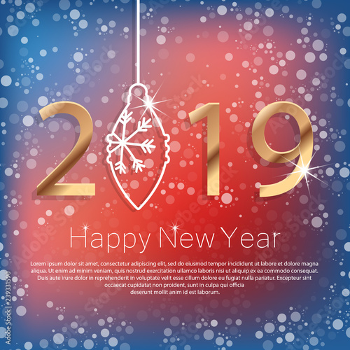 Happy New Year 2019 Poster with Golden Greeting Text and White Snowflakes. Vector Illustration.