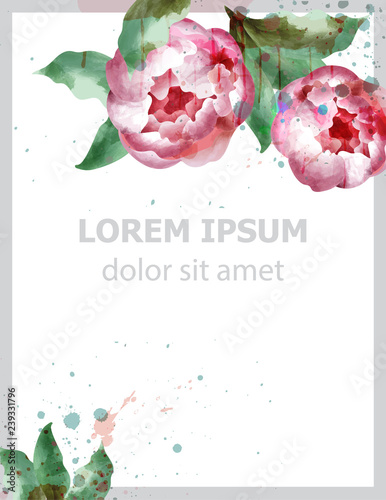 Peony flowers watercolor card Vector. Wedding Invitation, ceremony, delicate ...