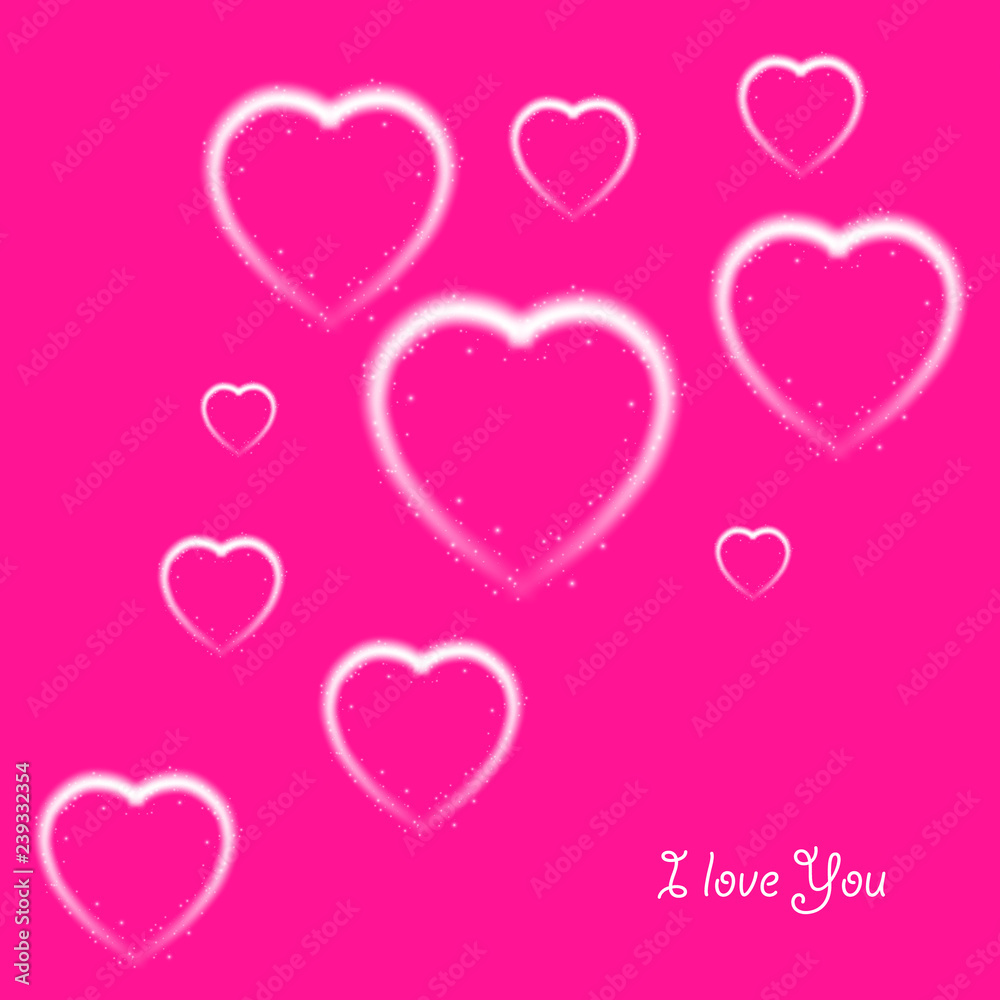Happy Valentines Day greeting card. I Love You. 14 February. Holiday background with hearts and I Love You phrase., light, stars on plastic pink backgraund. Vector Illustration