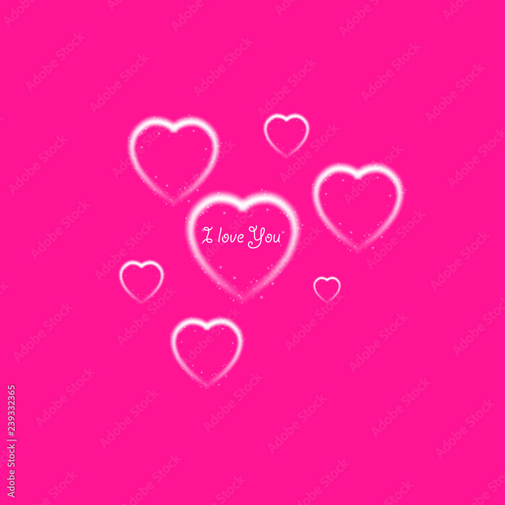 Happy Valentines Day greeting card. I Love You. 14 February. Holiday background with hearts and I Love You phrase., light, stars on plastic pink backgraund. Vector Illustration Happy Valentines Day greeting card. I Love You. 14 February. Holiday background with hearts and I Love You phrase., light, stars on plastic pink backgraund. Vector Illustration