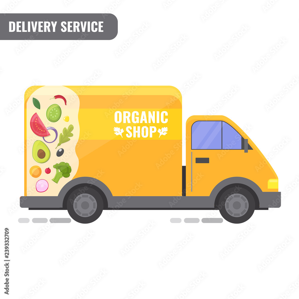 Organic shop delivery concept. The van with the pattern of the cut vegetables. Vector illustration design for web, site, advertising, banner, poster, board and print. Organic shop delivery concept. The van with the pattern of the cut vegetables. Vector illustration design for web, site, advertising, banner, poster, board and print.