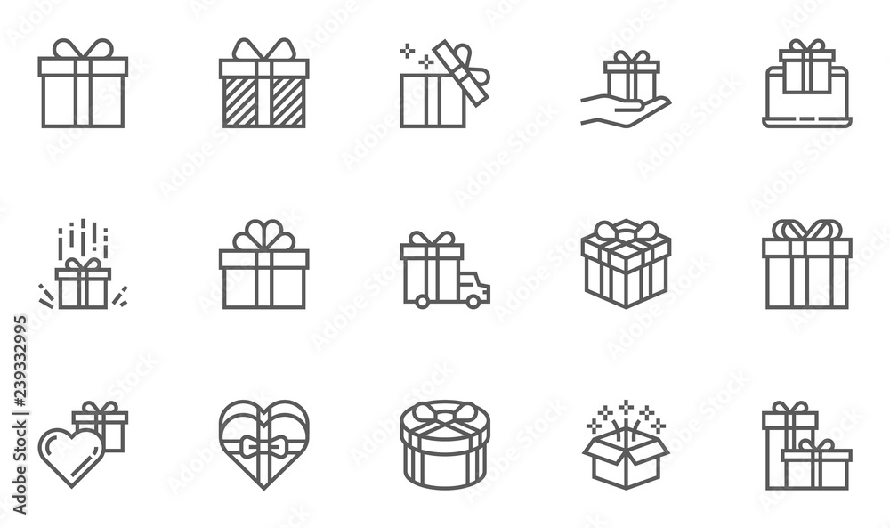 Gift and Surprise Vector Line Icons Set. Gift Box Tied with Ribbon and Decorated with a Bow. Editable Stroke. 48x48 Pixel Perfect.