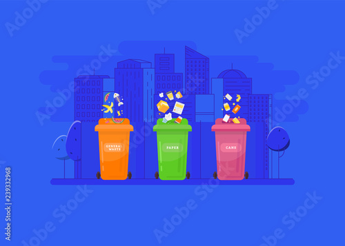 Garbage recycling and utilization concept. Collection of garbage cans with sorted garbage. 