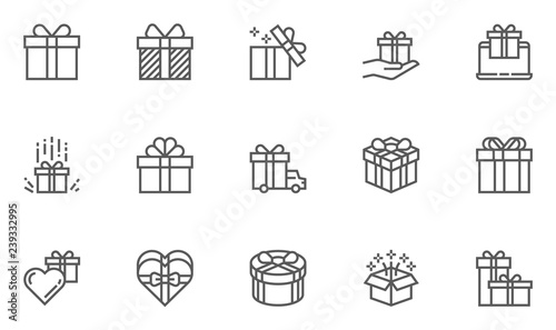 Gift and Surprise Vector Line Icons Set. Gift Box Tied with Ribbon and Decorated with a Bow. Editable Stroke. 48x48 Pixel Perfect.