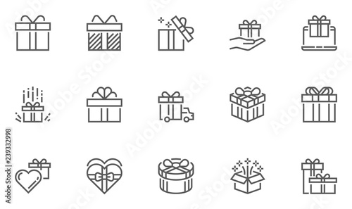 Gift and Surprise Vector Line Icons Set. Gift Box Tied with Ribbon and Decorated with a Bow. Editable Stroke. 48x48 Pixel Perfect.