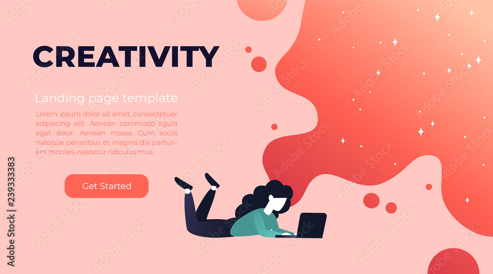 Vector living coral gradient illustration of creativity in Internet. Website design concept with bright colorful splash. Landing page template with young girl and laptop. - obrazy, fototapety, plakaty 