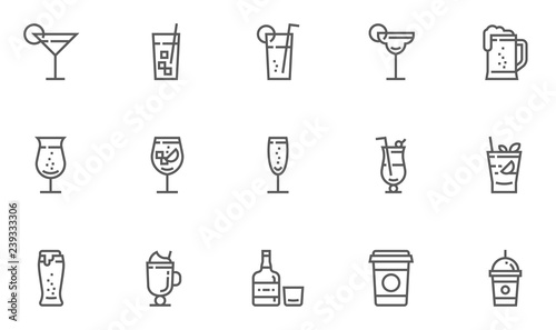 Drink and Beverage Vector Line Icons Set. cocktails, coffee, alcoholic beverages. Editable Stroke. 48x48 Pixel Perfect.