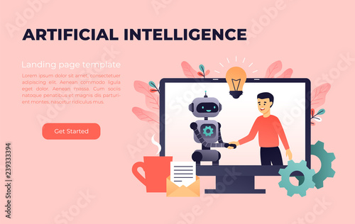 Robot and man make agreement by handshake. Industry 4.0 and artificial intelligence. Machine learning. Flat vector landing page template concept in living coral palette