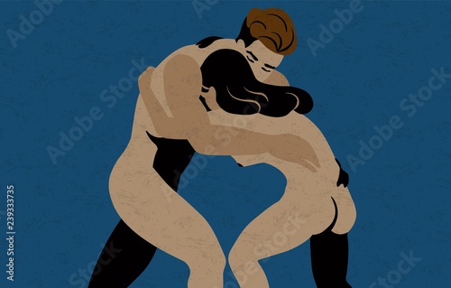 Naked young man and woman struggling, fighting or confronting. Concept of conflict, rivalry, clash or confrontation between romantic partners. Modern colorful vector illustration in flat style.