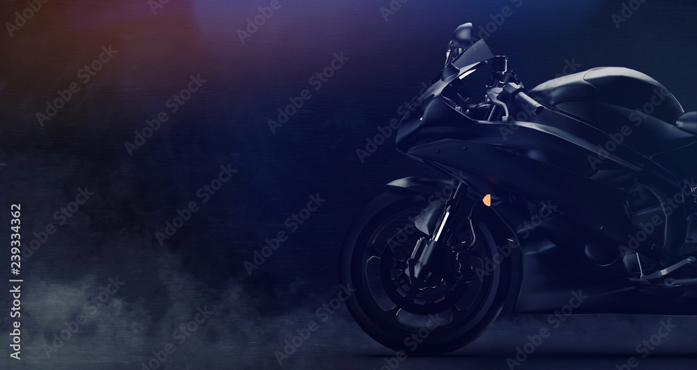 Black modern sports motorcycle front part detail on dark background with smoke (3D illustration)