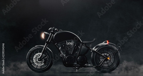 Black classic motorcycle on dark background with smoke (3D illustration)
