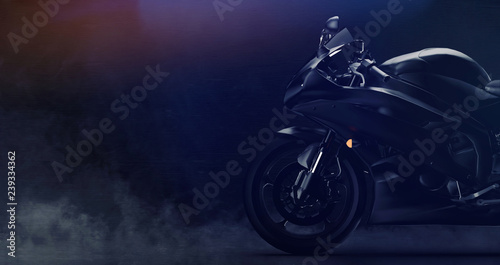 Fototapeta Naklejka Na Ścianę i Meble -  Black modern sports motorcycle front part detail on dark background with smoke (3D illustration)