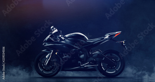 Black modern sports motorcycle on dark background with smoke  3D illustration 